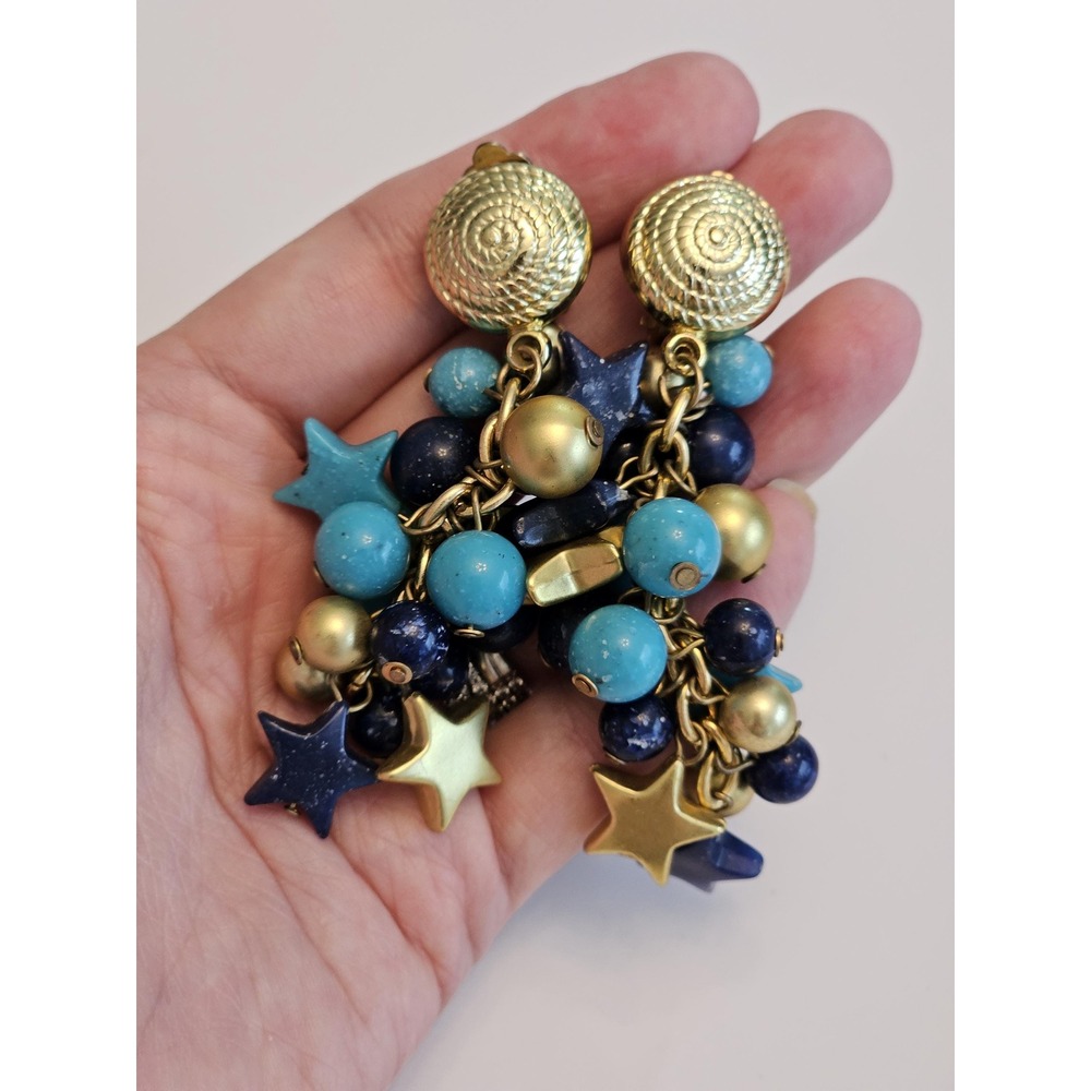 Vintage Blue and Gold Celestial Star Charm Clip On Earrings, 3.75" long